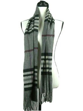V FRAAS Cashmink Plaid Scarf Germany Soft 100% Acrylic Gray Black Fringe